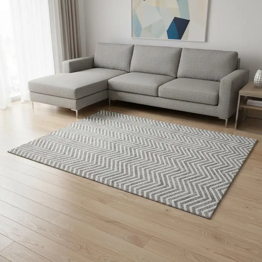 Gray And Ivory Chevron Washable Area Rug With UV Protection Photo 2