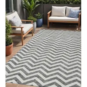 Photo of Gray And Ivory Chevron Washable Indoor Outdoor Area Rug
