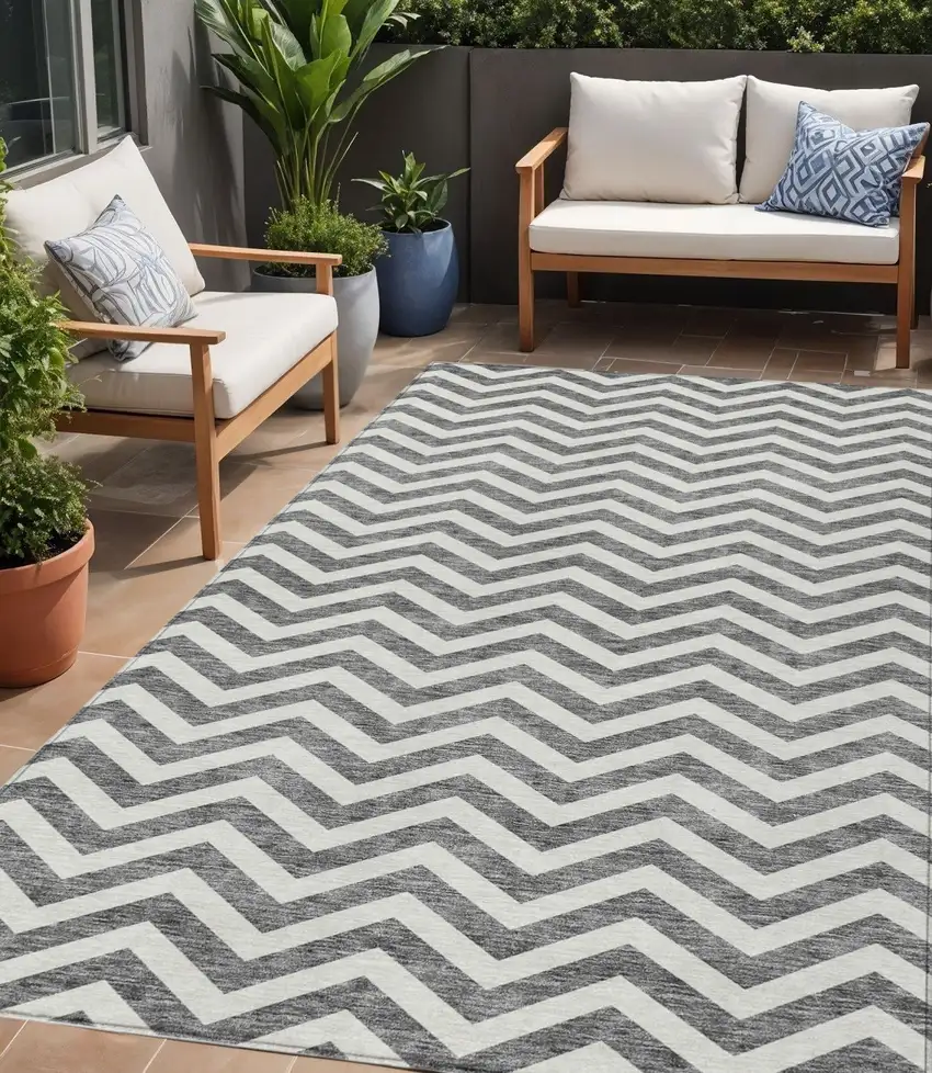 Gray And Ivory Chevron Washable Indoor Outdoor Area Rug Photo 1