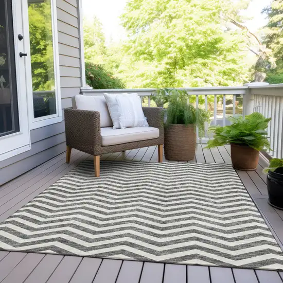 Gray And Ivory Chevron Washable Indoor Outdoor Area Rug Photo 9