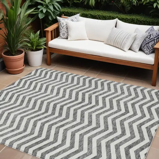 Gray And Ivory Chevron Washable Indoor Outdoor Area Rug Photo 1