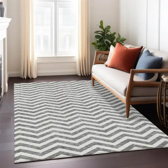 Gray And Ivory Chevron Washable Indoor Outdoor Area Rug Photo 9