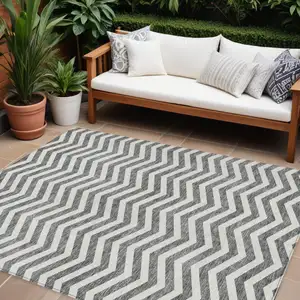 Photo of Gray And Ivory Chevron Washable Indoor Outdoor Area Rug