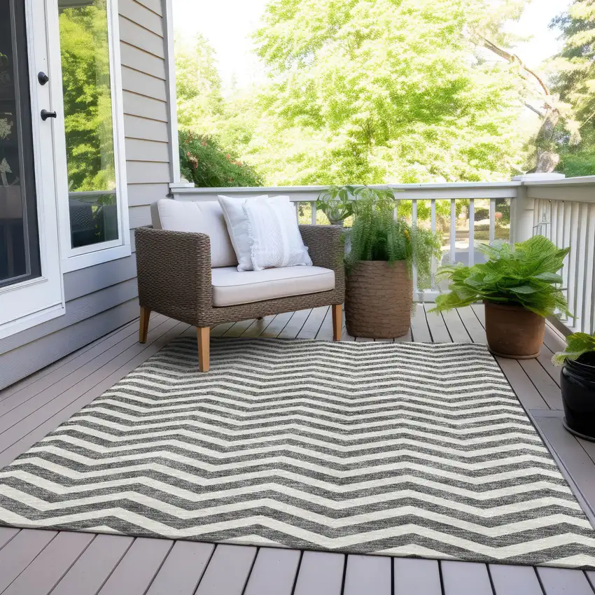 Gray And Ivory Chevron Washable Indoor Outdoor Area Rug Photo 9