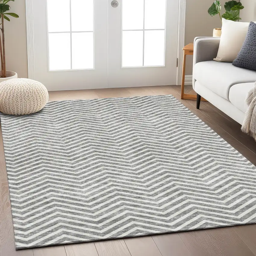 Gray And Ivory Chevron Washable Indoor Outdoor Area Rug Photo 9