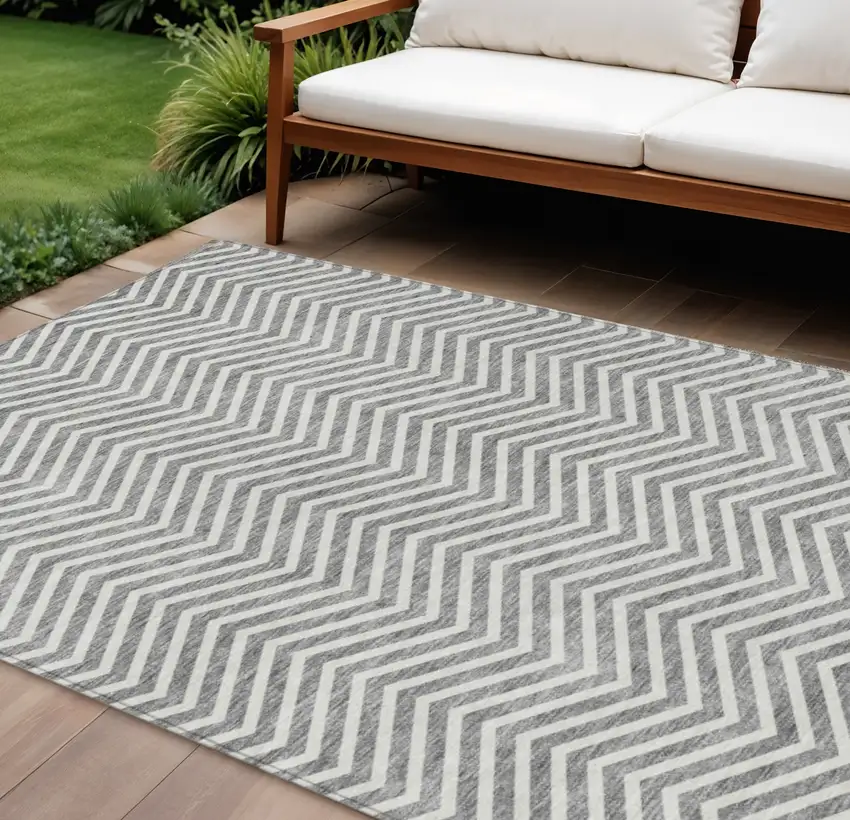 Gray And Ivory Chevron Washable Indoor Outdoor Area Rug Photo 1