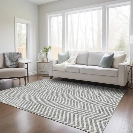 Gray And Ivory Chevron Washable Indoor Outdoor Area Rug Photo 9