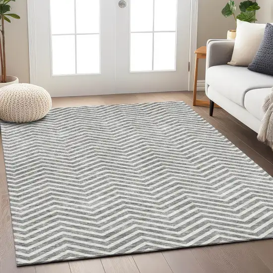 Gray And Ivory Chevron Washable Indoor Outdoor Area Rug Photo 8