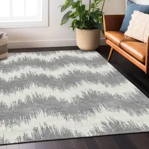 Photo of Gray And Ivory Chevron Washable Indoor Outdoor Area Rug