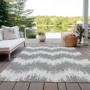 Photo of Gray And Ivory Chevron Washable Indoor Outdoor Area Rug