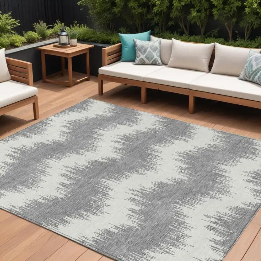 Gray And Ivory Chevron Washable Indoor Outdoor Area Rug Photo 1