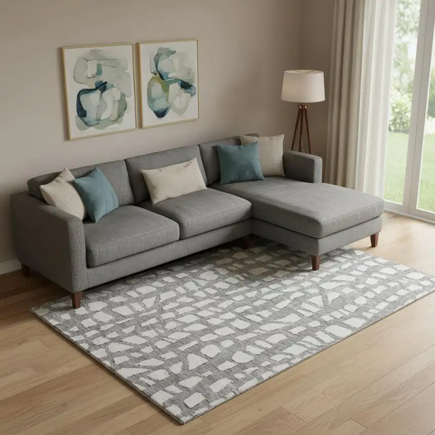 Gray And Ivory Cobblestone Washable Area Rug With UV Protection Photo 1