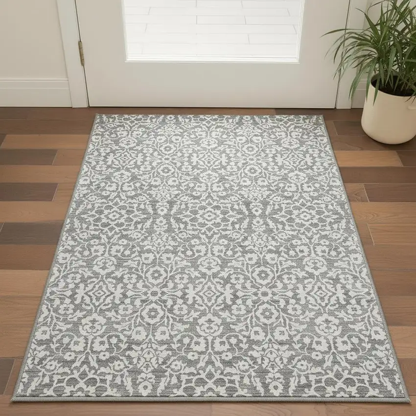 Gray And Ivory Damask Washable Area Rug With UV Protection Photo 2