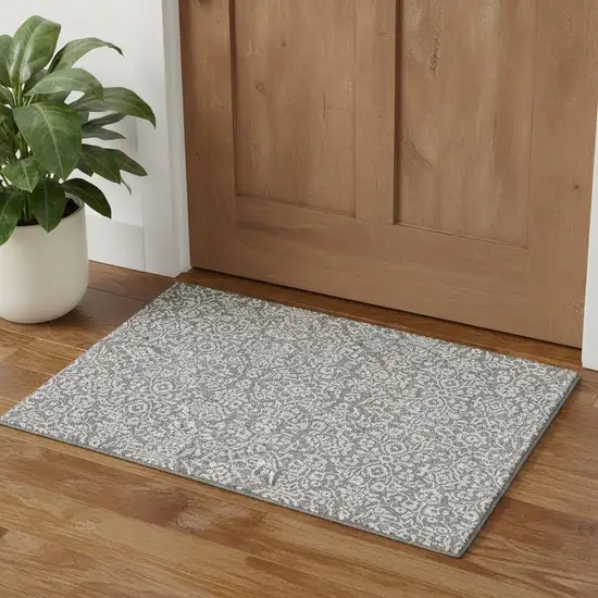 Gray And Ivory Damask Washable Area Rug With UV Protection Photo 1