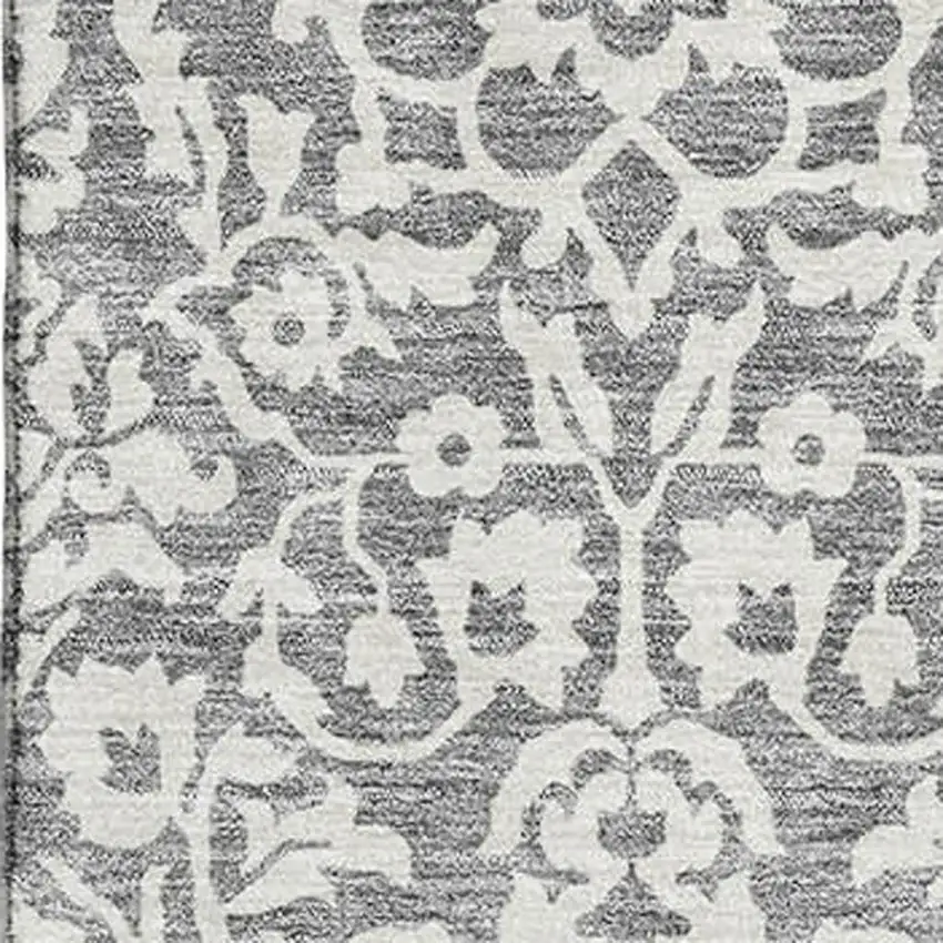Gray And Ivory Damask Washable Area Rug With UV Protection Photo 3