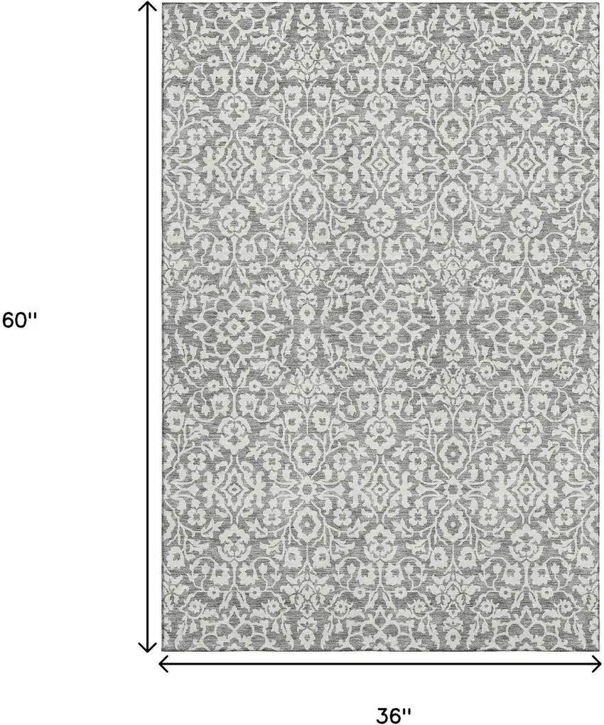 Gray And Ivory Damask Washable Area Rug With UV Protection Photo 3