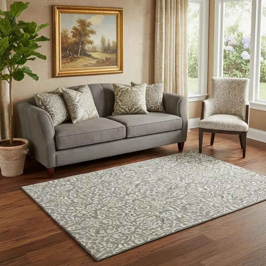 Gray And Ivory Damask Washable Area Rug With UV Protection Photo 1