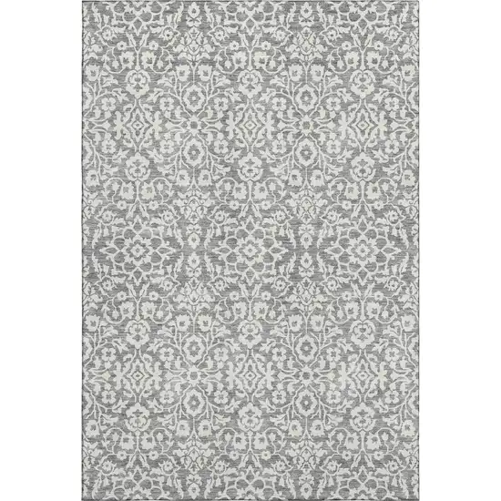 Gray And Ivory Damask Washable Area Rug With UV Protection Photo 1