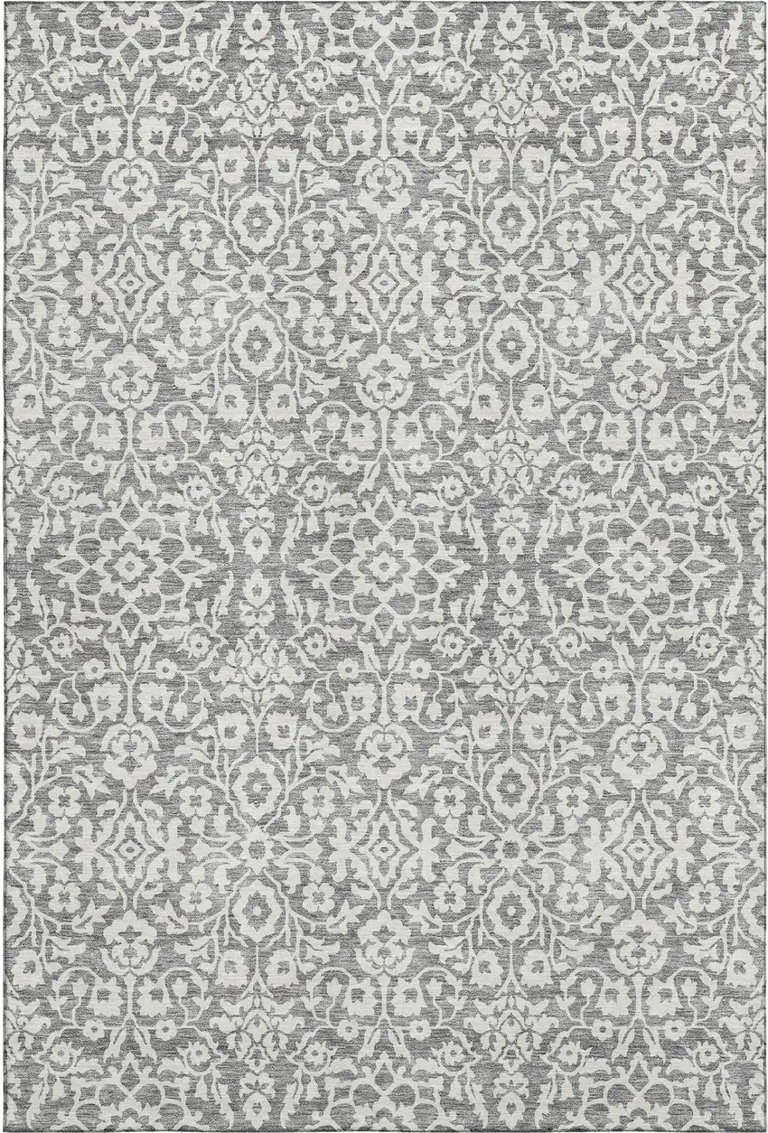 Gray And Ivory Damask Washable Area Rug With UV Protection Photo 1