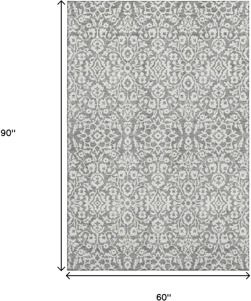 Gray And Ivory Damask Washable Area Rug With UV Protection Photo 3