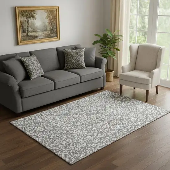 Gray And Ivory Damask Washable Area Rug With UV Protection Photo 1