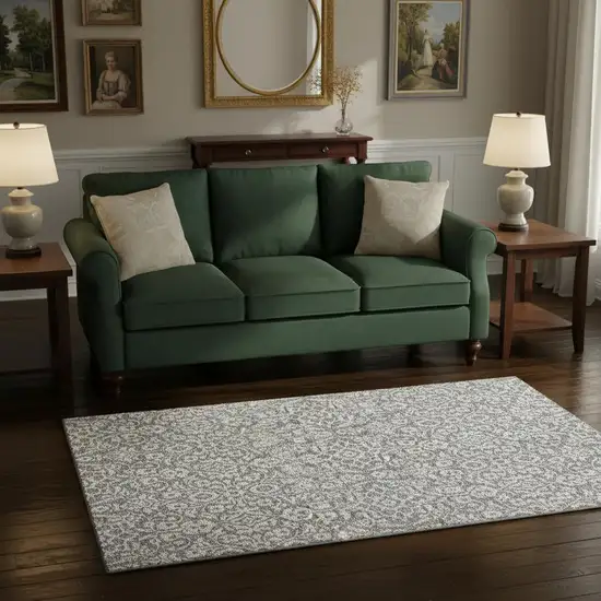 Gray And Ivory Damask Washable Area Rug With UV Protection Photo 2