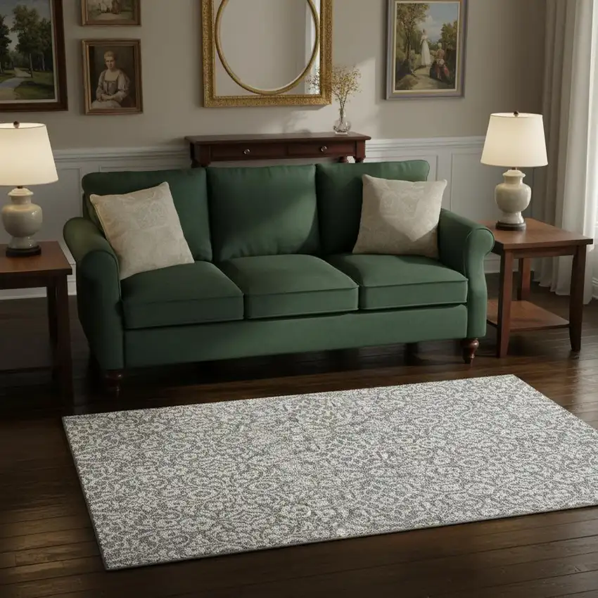 Gray And Ivory Damask Washable Area Rug With UV Protection Photo 2