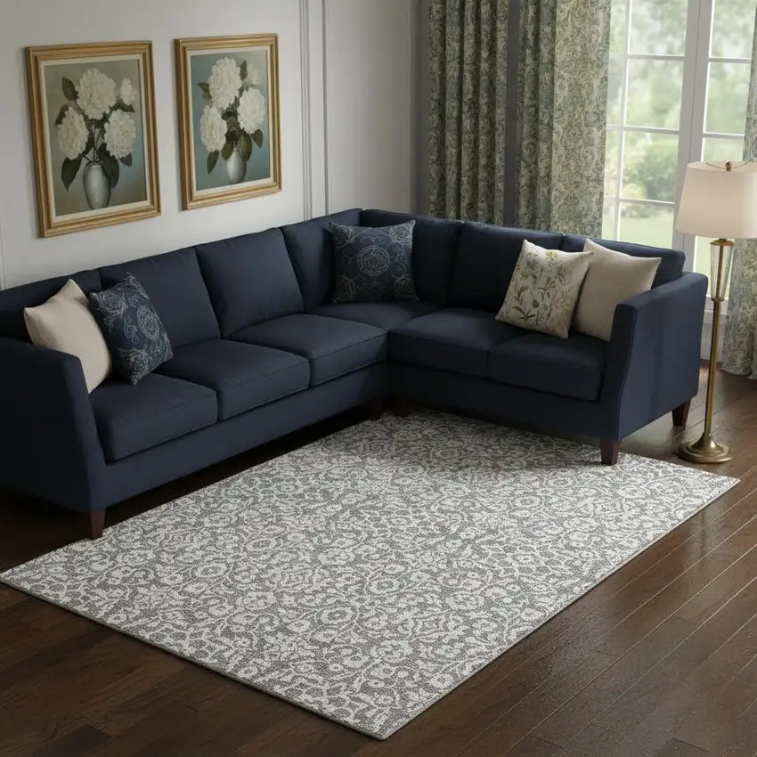 Gray And Ivory Damask Washable Area Rug With UV Protection Photo 1