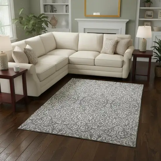 Gray And Ivory Damask Washable Area Rug With UV Protection Photo 2