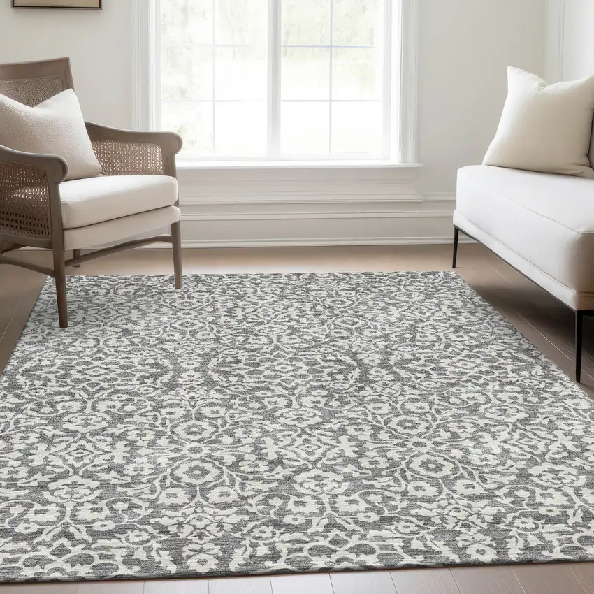 Gray And Ivory Damask Washable Area Rug With UV Protection Photo 5