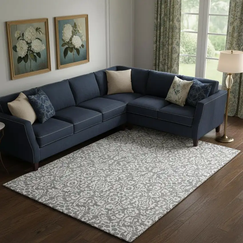 Gray And Ivory Damask Washable Area Rug With UV Protection Photo 1