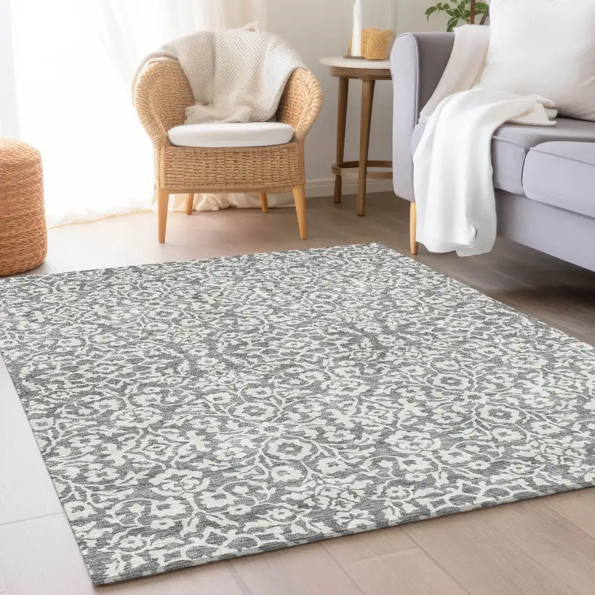 Gray And Ivory Damask Washable Area Rug With UV Protection Photo 4