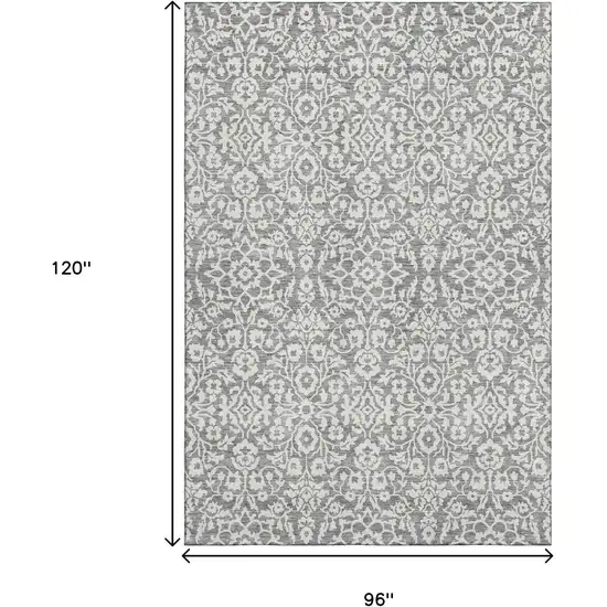 Gray And Ivory Damask Washable Area Rug With UV Protection Photo 3