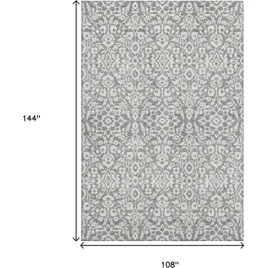 Gray And Ivory Damask Washable Area Rug With UV Protection Photo 3