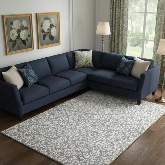 Gray And Ivory Damask Washable Area Rug With UV Protection Photo 1