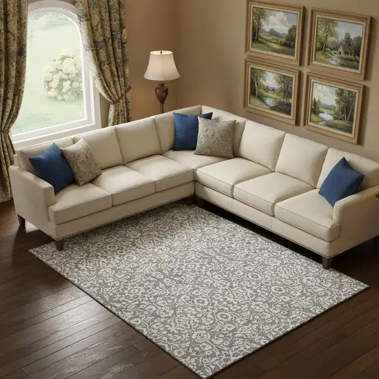 Gray And Ivory Damask Washable Area Rug With UV Protection Photo 1