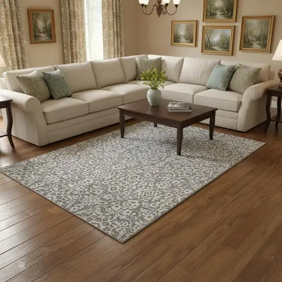 Gray And Ivory Damask Washable Area Rug With UV Protection Photo 2