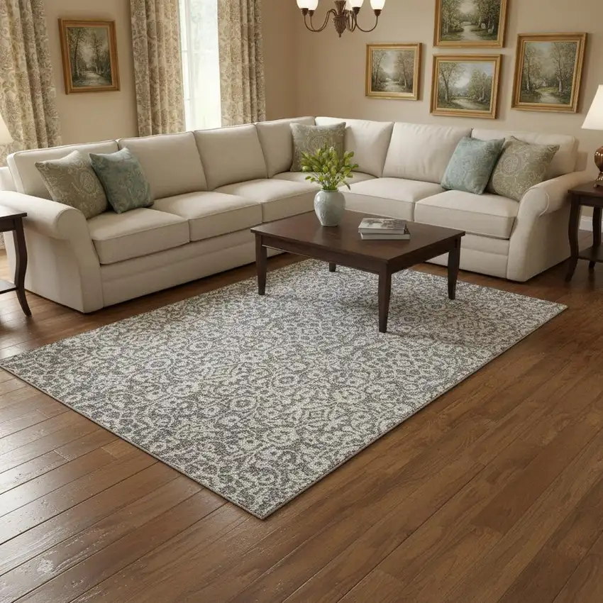 Gray And Ivory Damask Washable Area Rug With UV Protection Photo 2