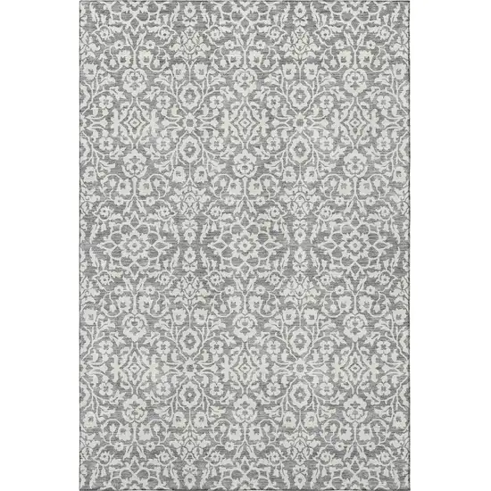 Gray And Ivory Damask Washable Area Rug With UV Protection Photo 4