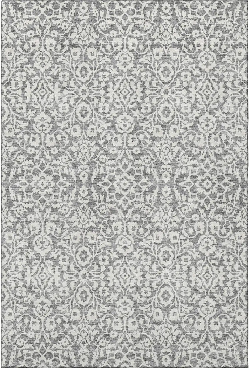 Gray And Ivory Damask Washable Area Rug With UV Protection Photo 4