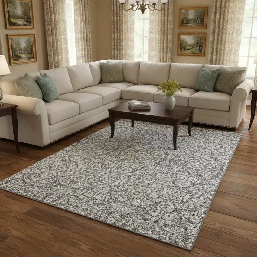 Gray And Ivory Damask Washable Area Rug With UV Protection Photo 2