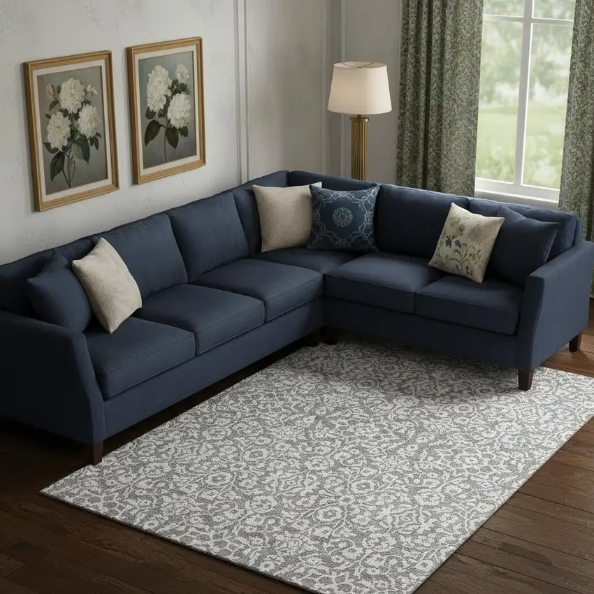 Gray And Ivory Damask Washable Area Rug With UV Protection Photo 1