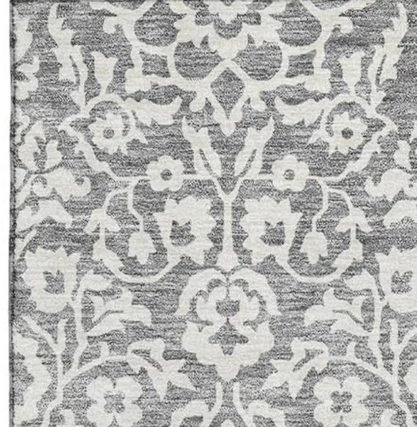 Gray And Ivory Damask Washable Area Rug With UV Protection Photo 3