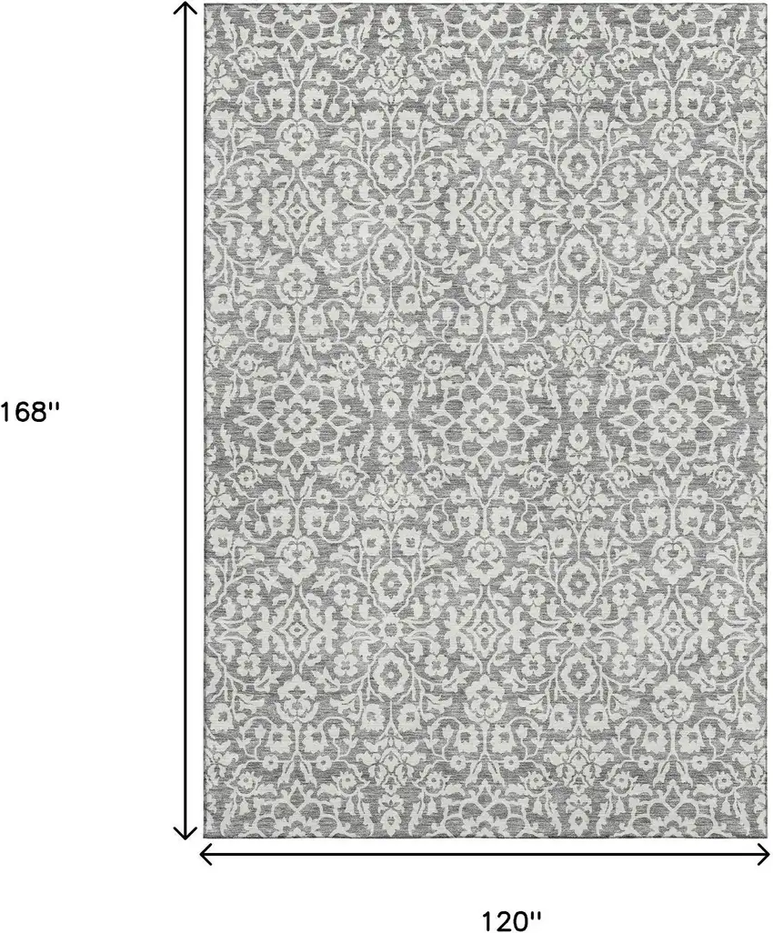 Gray And Ivory Damask Washable Area Rug With UV Protection Photo 3