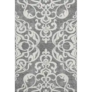Photo of Gray And Ivory Damask Washable Area Rug With UV Protection