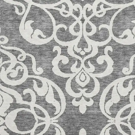 Gray And Ivory Damask Washable Area Rug With UV Protection Photo 2