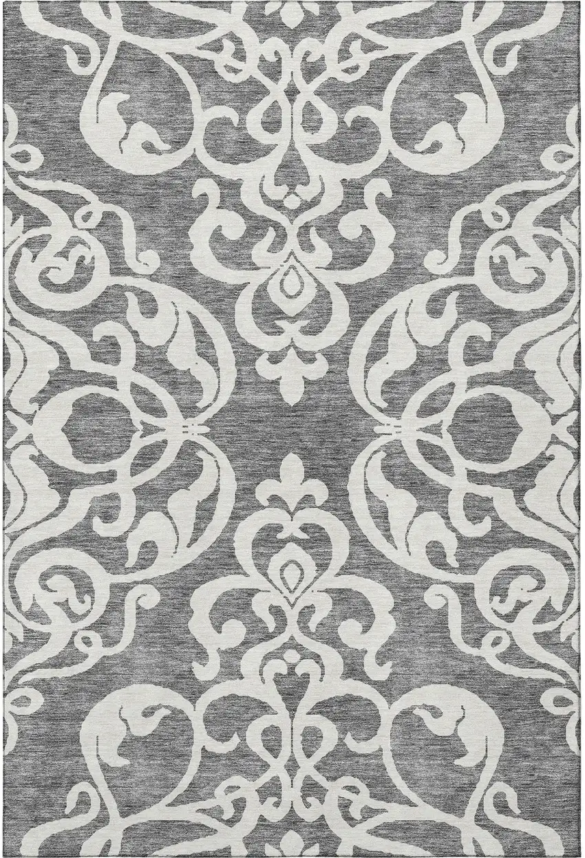 Gray And Ivory Damask Washable Area Rug With UV Protection Photo 3
