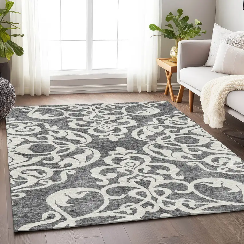 Gray And Ivory Damask Washable Area Rug With UV Protection Photo 4