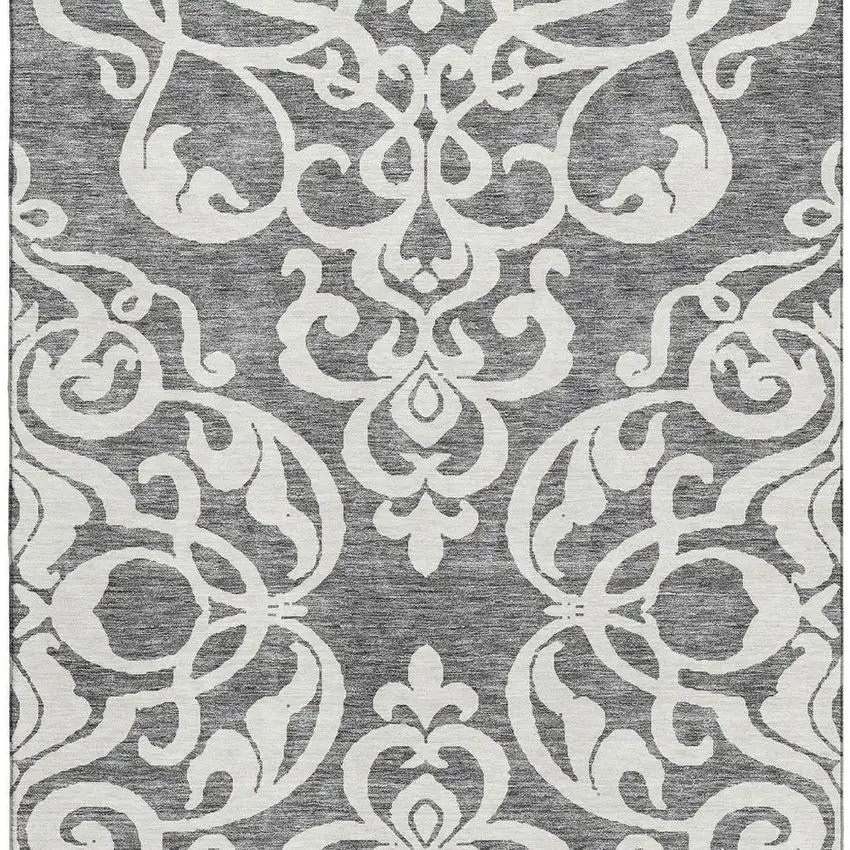 Gray And Ivory Damask Washable Area Rug With UV Protection Photo 3
