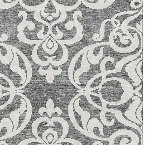 Gray And Ivory Damask Washable Area Rug With UV Protection Photo 2